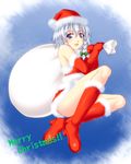  blue_eyes boots braid christmas elbow_gloves genjuu_rou gloves hat highres izayoi_sakuya red_gloves sack santa_boots santa_costume santa_hat short_hair silver_hair solo touhou twin_braids 