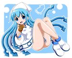  bad_id bad_pixiv_id blue_eyes blue_hair cannibalism dress eating food hat ikamusume ikayaki imai_kazunari long_hair shinryaku!_ikamusume solo squid tentacle_hair 