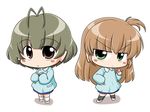  1girl akizuki_ryou brown_eyes brown_hair candy chibi food green_eyes idolmaster idolmaster_dearly_stars kindergarten long_hair sakurai_yumeko school_uniform short_hair side_ponytail wagomu17 younger 