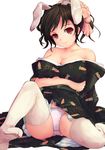  animal_ears bad_id bad_pixiv_id bare_shoulders black_hair breast_lift breasts bunny_ears cleavage hoippu inaba_tewi japanese_clothes kimono large_breasts panties red_eyes solo thighhighs touhou underwear undressing white_legwear 