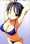  1girl antenna_hair artist_request bikini black_hair breasts cleavage copyright_request covered_nipples erect_nipples foreshortening highres morisawa_haruyuki navel one_eye_closed photoshop red_eyes smile solo stretch string_bikini swimsuit wet wink 
