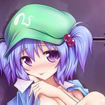  :p ariesu_watanabe blue_hair blush face hair_bobbles hair_ornament hat kawashiro_nitori nude purple_eyes shirt_on_shoulders short_hair smile solo tears tongue tongue_out touhou twintails two_side_up 