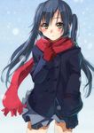  black_hair blush brown_eyes coat gloves hamunohei k-on! long_hair nakano_azusa scarf skirt snow solo twintails 