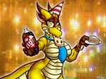  badgerben breasts cake dragon ear_piercing earring female food hat horn looking_at_viewer naturally_censored necktie piercing pizza product_placement rednef scalie soda solo yiffer 