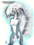 2006 black black_nose blue_eyes breasts countershading durr female hair kacey long_hair long_white_hair looking_at_viewer navel nipples open_mouth panties skimpy skunk solo standing tail tongue topless underwear white white_hair 