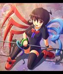  asymmetrical_wings bad_id bad_pixiv_id black_hair black_legwear blush brown_hair from_above houjuu_nue lens_flare letterboxed looking_at_viewer open_mouth red_eyes short_hair sitting smile solo thighhighs touhou wings yunomi_chawan zettai_ryouiki 