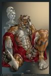  amber_eyes balls brown_hair claws cum feline flaccid hair hindpaw looking_at_viewer male mammal muscles paws penis plantigrade robe sitting solo tiger 