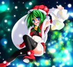  antennae black_legwear blue_eyes fuji_tooya green_hair hat midair midriff navel sack santa_costume santa_hat short_hair skirt solo thighhighs touhou wriggle_nightbug 