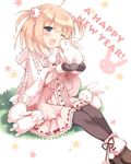  ;d animal bad_id bad_pixiv_id black_legwear blonde_hair blue_eyes blush bunny capelet chinese_zodiac dress fur-trimmed_boots fur_trim hair_ornament happy highres holding holding_animal mittens new_year on_grass one_eye_closed open_mouth original pan_(mimi) pantyhose pink_dress pom_pom_(clothes) short_hair sitting smile solo star two_side_up year_of_the_rabbit 