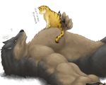  abs anthro biceps body_markings canine captainjohkid cat claws eye_contact feline feral fur japanese_text looking_at_each_other lying male mammal markings muscles nude pecs plain_background relaxing text translation_request white_background wolf yellow_eyes 