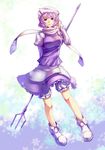  ankle_boots badge bloom blue_eyes boots breasts hat jpeg_artifacts large_breasts lavender_hair letty_whiterock polearm scarf short_hair skirt skirt_set smile snowflakes solo sukocchi touhou trident weapon 