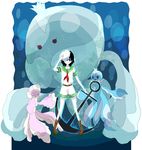  anchor arm_up black_hair crossover frillish full_body gen_5_pokemon hat jellicent looking_at_viewer murasa_minamitsu neckerchief pants pokemon pokemon_(creature) sailor sailor_collar sailor_hat sexual_dimorphism shirt short_hair short_sleeves shorts smile standing touhou white_shirt yuzuki_(rinka01) 