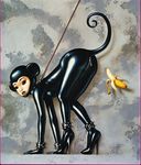  all_fours banana bodysuit collar female fruit hi_res high_heels latex leash mammal monkey primate raised_tail rubber skinsuit spikes suggestive suggestive_food tail trevor_brown unknown_artist zipper 