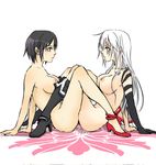  2girls allen_walker arm_support black_hair body_paint bodypaint boot&#039;s boots breasts d.gray-man eye_contact genderswap high_heel_boots high_heels legs lenalee_lee long_hair looking_at_another multiple_girls nipples nude parted_lips shoes short_hair tribadism white_hair yuri 