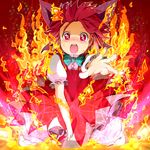  absurdres achi_cirno alternate_color alternate_element barefoot bow cirno fiery_wings fire hair_bow highres red_eyes red_hair reri short_hair solo tears touhou wings 