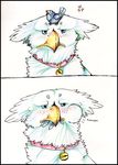  angry avian bell bird collar female feral gryphon hoot plain_background vore white white_background white_feathers 
