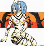 anthro black black_fur blue_eyes blue_hair breasts equine female fur hair long_hair looking_at_viewer mammal nipples nude ponytail sitting solo stripes tail tail_tuft tuft unknown_artist white white_fur zebra 