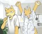  anthro brushing_teeth canine clothing duo fox fur kitchen male mammal microwave open_mouth pajamas pyjamas shirt stretch stretching t-shirt tail toothbrush yawn yellow yellow_fur 