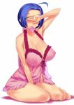  ahoge armpits between_thighs blue_hair blush breasts cleavage condom condom_in_mouth covering_eyes covering_face huge_breasts idolmaster idolmaster_(classic) idolmaster_2 miura_azusa mouth_hold nightgown oohara_kyuutarou see-through short_hair simple_background sitting smile solo yokozuwari 