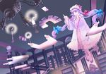  1girl bad_id bad_pixiv_id bookshelf candle chandelier crescent floating hat highres long_hair patchouli_knowledge purple_eyes purple_hair scroll solo stairs touhou 
