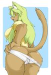  big_breasts breasts butt camel_toe cat feline female green_eyes green_hair hair looking_at_viewer pants solo sweatdrop tail teasing vicb60012 