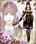  axe bad_id bad_pixiv_id bark boots dress flower gauntlets long_hair primiera_(saga) red_eyes red_hair saga saga_frontier_2 shield solo weapon 