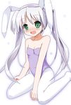  animal_ears blush bunny_ears bunnysuit embarrassed fortune_arterial green_eyes long_hair mizunashi_tomo pantyhose solo tougi_shiro twintails white_hair white_legwear 