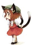  absurdres animal_ears bad_id bad_pixiv_id brown_eyes brown_hair cat_ears cat_tail chen earrings hat highres jewelry mitsuki_(goomoku) multiple_tails short_hair solo tail touhou 