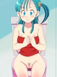  1girl bathroom belly blue_eyes blush breasts bulma censored dragon_ball engawa_suguru erodon_hearts green_hair hair_ornament highres large_breasts legs long_hair looking_at_viewer mosaic_censoring navel no_panties pubic_hair pussy side_ponytail sitting solo strapless surprised thighs toilet top 