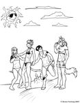  beach bikini black_and_white canine cat dog feline fox monochrome narcoticdream ranmana seaside siblings skimpy sun twins 