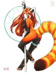  2010 breasts brown_nose butt dancing ear_piercing female hair kacey long_hair long_red_hair looking_back money nipples piercing pole pole_dancing red_hair red_panda reverse_countershading solo striped_tail stripes tail tongue 