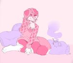  bottomless canine clothed clothing dog female fur hair half-dressed looking_at_viewer mammal mcarson one_eye_closed pajamas pensive pensive_(artist) pensive_(character) pillow pink pink_clothing pink_eyes pink_fur pink_hair pink_nose pyjamas solo 