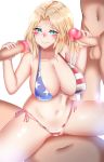  1girl 3boys american_flag_bikini bikini blonde_hair blue_eyes blush breasts collarbone double_handjob eyebrows_visible_through_hair flag_print girl_on_top girls_und_panzer groin handjob highres kay_(girls_und_panzer) kuuki_(rakam) large_breasts looking_at_penis monochrome_background multiple_boys navel parted_lips sex shiny shiny_hair side-tie_bikini simple_background smile spread_legs straddling swimsuit swimwear vaginal white_background 