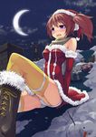  1girl animal_costume antlers bad_id bad_pixiv_id bare_shoulders blush boots brown_hair chimney face gift highres maeda_risou night original panties pantyshot pantyshot_(sitting) purple_eyes reindeer_costume rooftop sack santa_costume sitting snowman tears thighhighs twintails underwear wavy_mouth yellow_legwear 