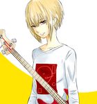  androgynous bad_id bad_pixiv_id bass_guitar blonde_hair casual instrument kon_futaba purple_eyes short_hair solo soredemo_machi_wa_mawatteiru zarigani 