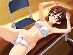  bra brown_eyes brown_hair cameltoe glasses highres k-on! lingerie lying manabe_nodoka norizou_type-r on_back open_mouth panties red-framed_eyewear semi-rimless_eyewear solo under-rim_eyewear underwear underwear_only 