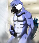  against_wall animal_genitalia anthro avian avoidable_anatomy_mistake balls bird black_penis blue_jay brenbonez8 canine_penis erection half-closed_eyes leaning male masturbation muscles nude open_mouth penis pose shower solo wet 