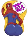  big_butt blue butt clothed comic_style looking_at_viewer looking_back male red shiny skin_tight_clothing solo spiderman text unknown_artist what_do_u_see? yellow 