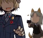  animal_ears bad_id bad_pixiv_id blonde_hair blood brave_witches bullet_hole casing_ejection edytha_rossmann fox_ears fox_tail grey_hair gun gunshot_wound handgun lowres military military_uniform multiple_girls murder no_eyes null_(nyanpyoun) open_mouth pistol shell_casing short_hair smile tail uniform waltrud_krupinski weapon world_witches_series 