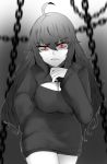  1girl absurdres ahoge black_background blonde_hair breasts chains cleavage cleavage_cutout eyebrows_visible_through_hair eyes_visible_through_hair glowing glowing_eyes greyscale highres large_breasts long_hair meme_attire monochrome nas_(z666ful) no_panties open-chest_sweater red_eyes rwby sweater very_long_hair wavy_hair yang_xiao_long 
