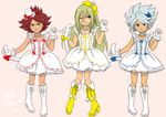  3boys afuro_terumi blonde_hair blue_eyes boots bow dress frown gloves hair_bow hat inazuma_eleven inazuma_eleven_(series) lolita_fashion long_hair male male_focus multiple_boys nagumo_haruya ponytail red_eyes red_hair short_hair smile suzuno_fuusuke sweatdrop tail trap white_hair wink yellow_eyes 