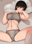  ahoge arms_up ayumu_(zenkou) black_hair bra breasts brown_eyes cleavage covered_nipples dated grey_bra grey_panties kneehighs large_breasts lingerie looking_at_viewer lying navel on_back original panties pillow ribs shiny shiny_clothes shiny_skin short_hair solo sports_bra spread_legs stomach tomboy underwear underwear_only zenkou 