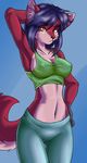  canine female midriff navel pose purple_hair skidd solo sports_bra tail yellow_eyes 