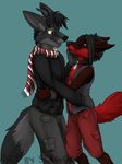  black black_hair canine collar couple gay glowstick hair horns hug looking_at_each_other love male red scarf sciggles tail 