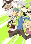  5girls ahoge big_al black_hair blonde_hair blue_eyes brown_hair dark_skin dress elbow_gloves flower gloves green_eyes green_hair hair_flower hair_ornament leon_(vocaloid) lola_(vocaloid) long_hair midriff miriam multiple_boys multiple_girls navel one_eye_closed ponytail prima primina short_hair silver_hair skirt smile sonika stitches sweet_ann tokage_santouhei trait_connection vocaloid 