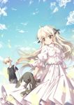  1girl absurdres black_eyes blonde_hair brother_and_sister cloud day highres kasugano_haruka kasugano_sora long_hair north_abyssor siblings sky stuffed_animal stuffed_bunny stuffed_toy twins white_hair yosuga_no_sora 