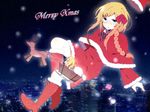  1girl alice965 aqua_eyes axis_powers_hetalia bad_id bad_pixiv_id blonde_hair blush boots brown_hair chibi christmas city_lights france_(hetalia) gift glasses hat long_hair merry_christmas monaco_(hetalia) pantyhose red_ribbon reindeer ribbon santa_boots santa_costume santa_hat snow white_legwear 