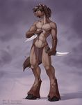  brown equine green_eyes hair hooves horse knives loincloth male muscles nipples solo standing tail underwear weapon wolfy-nail 