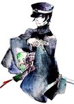  black_hair brown_eyes cape devil_summoner ginko_(sekainoowari) hat kuzunoha_raidou male_focus shako_cap sheath shin_megami_tensei simple_background solo traditional_media watercolor_(medium) 