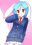  :o animal_ears blue_hair blush bunny_ears cardigan crescent gengorou necktie pinching_sleeves pleated_skirt red_eyes reisen short_hair skirt sleeves_past_wrists solo tareme touhou 